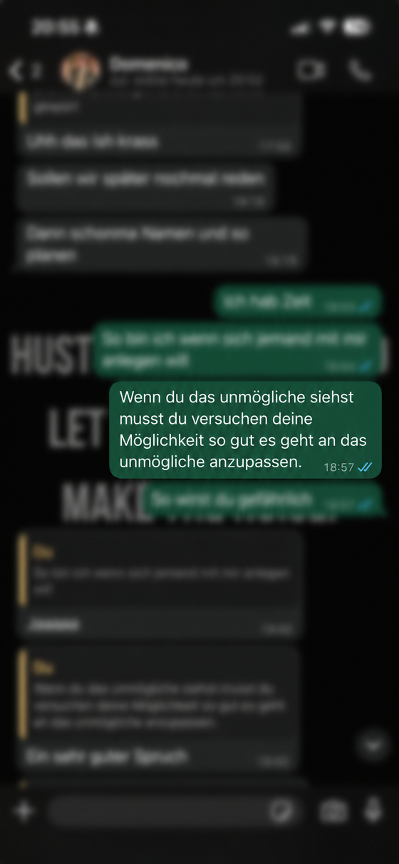 WhatsApp Nachricht von Noah an Finn. Der erste Ausdruck des gemeinsamen Feuers und Mindsets