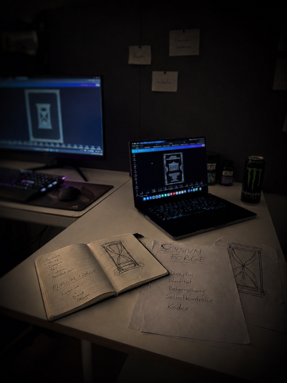 Der Arbeitsplatz wo "Der Kodex" entstand. Notizen, Dokumente und erste Kartendesigns auf Laptop und Monitor